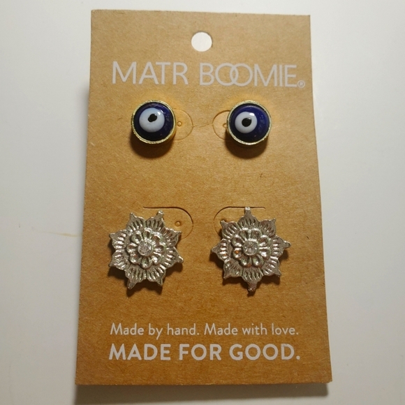 MATR BOOMIE Drishti Evil Eye and Silver Tone Flower Charm Stud Earrings Set of 2 - Picture 2 of 4